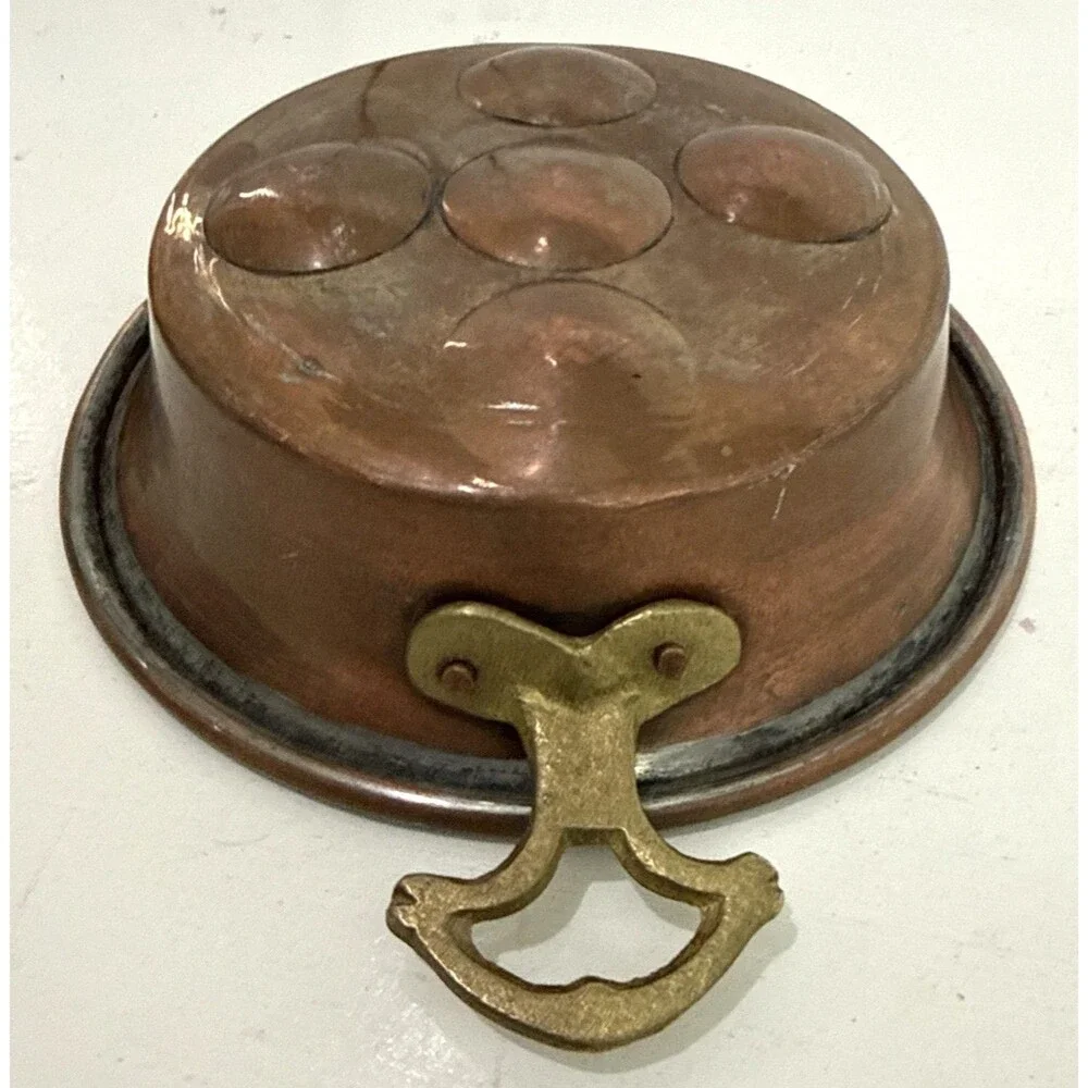 Antique French Copper Brass Handled Egg Poacher Escargot Pan 5 Hole